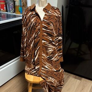 UMGEE NWT S (M GOOD) Brown Animal Print Button-Up midi Dress